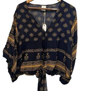 BY TOGETHER Boho Navy Blue Gold Front Tie Top Medium Boho V Neck Geometric NWT